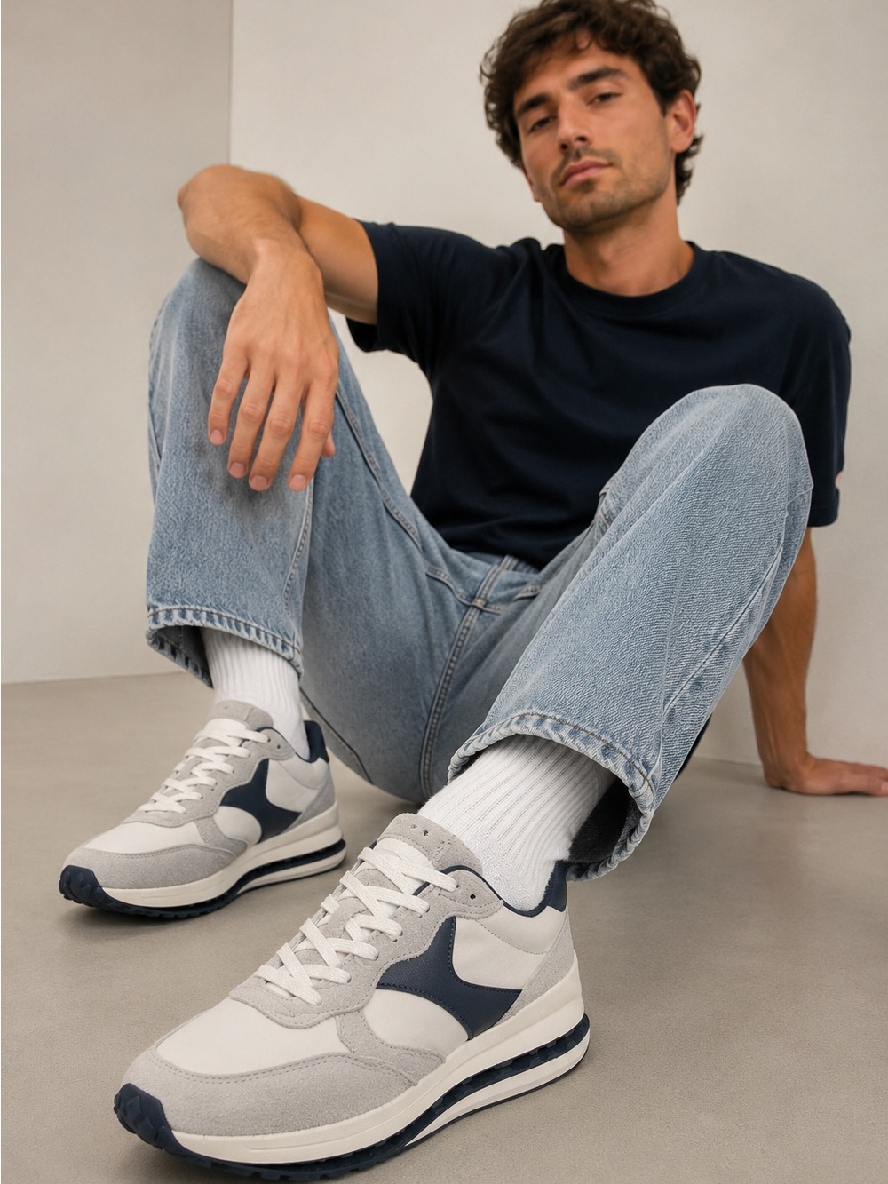 No Boundaries Men’s Leather Sneakers Size 12 Gray Navy White NWT Casual